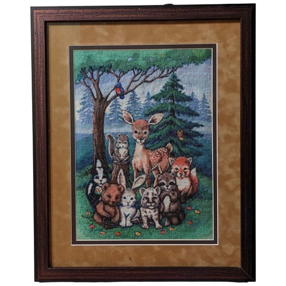 Vintage Cross Stitch Handmade Extra Large Framed Matted Intricate EUC Water Spot